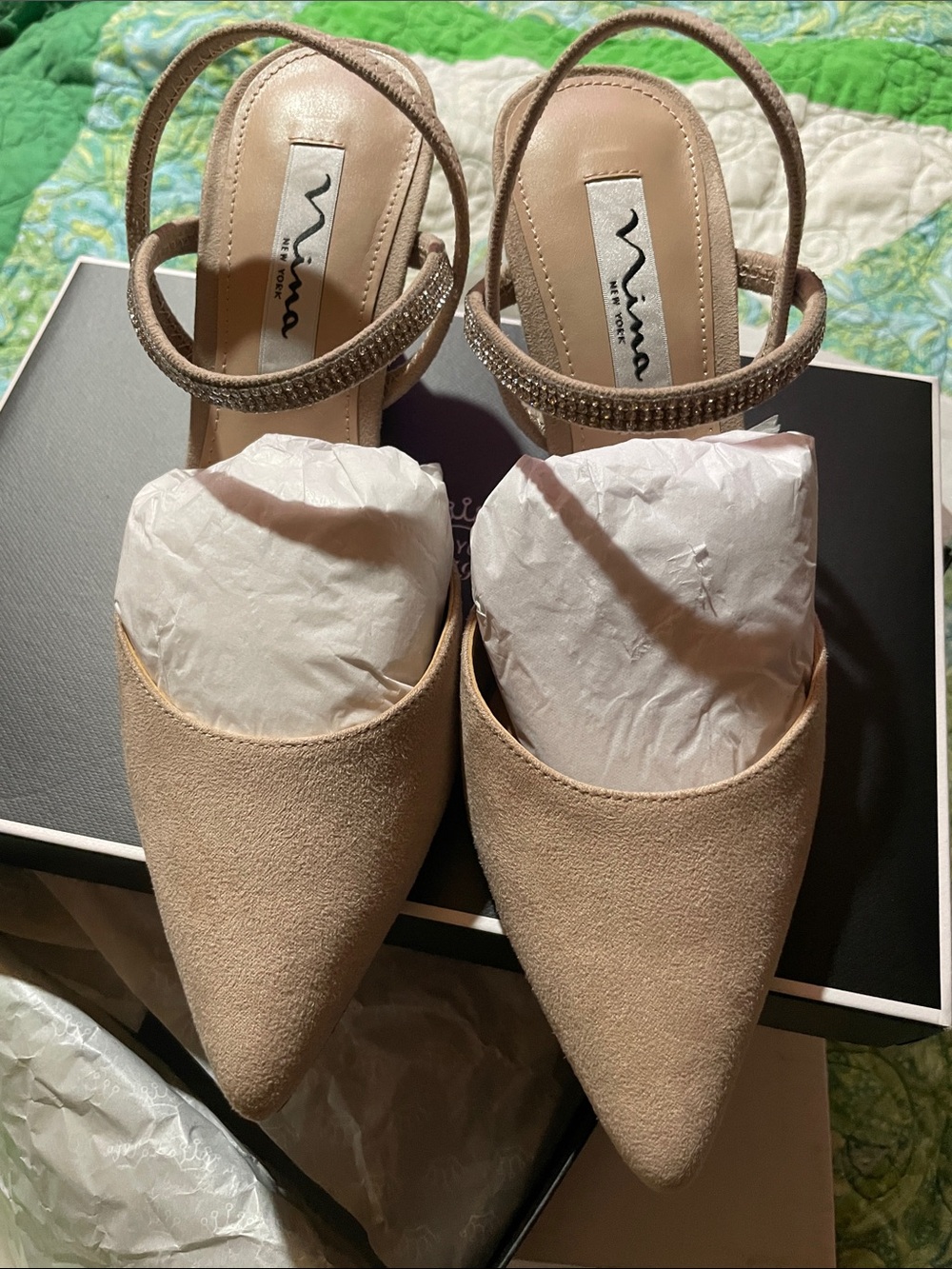 Nina Beige Pointed-Toe Slingback Rhinestone Mules